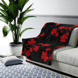 Velveteen Plush Blanket-Red Floral Blossoms-Black