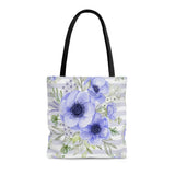 Tote Bag-Soft Blue Floral-Soft Blue Horizontal Stripes-White