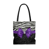 Tote Bag-Glam Purple Bow-Zebra-Black Glitter