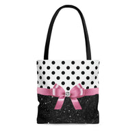 Tote Bag-Glam Pink Bow-Black Polka Dots-Black Glitter