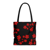 Tote Bag-Red Floral Blossoms-Black