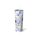 Skinny Tumbler, 20oz-Soft Blue Floral-Soft Blue Horizontal Stripes-White