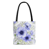 Tote Bag-Soft Blue Floral-Blue Stencil-White