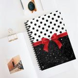 Small Spiral Notebook, 6x8in-Glam Red Bow-Black Polka Dots-Black Glitter