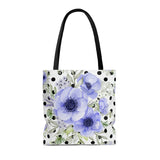 Tote Bag-Soft Blue Floral-Black Polka Dots-White