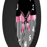 Wall Clock-Glam Pink Bow-Black White Pinstripes-Black