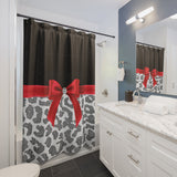 Shower Curtains-Glam Red Bow-Grey Leopard-Black