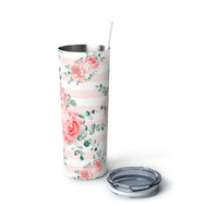 Skinny Tumbler, 20oz-Lush Pink Floral-Pink Horizontal Stripes-White