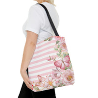 Tote Bag-Pink Floral Butterflies-Pink Horizontal Stripes