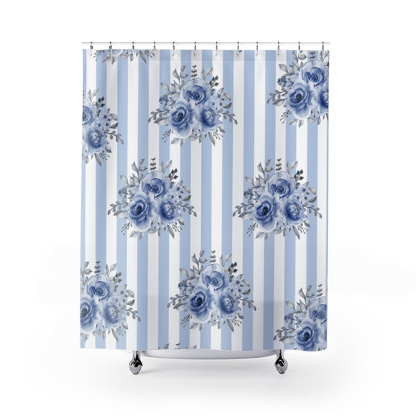 Shower Curtains-Soft Blue-Floral Pinstripes