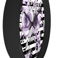 Wall Clock-Soft Purple Floral-Black Horizontal Stripes-White