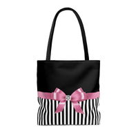 Tote Bag-Glam Pink Bow-Black White Pinstripes-Black