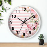 Wall Clock-Pink Floral Butterflies-Pink Horizontal Stripes