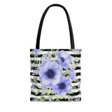 Tote Bag-Soft Blue Floral-Black Horizontal Stripes-White