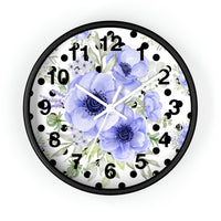 Wall Clock-Soft Blue Floral-Black Polka Dots-White