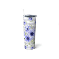 Skinny Tumbler, 20oz-Soft Blue Floral-Soft Blue Horizontal Stripes-White