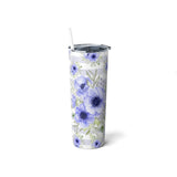 Skinny Tumbler, 20oz-Soft Blue Floral-Soft Blue Horizontal Stripes-White