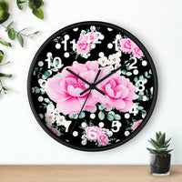 Wall Clock-Magenta Pink Floral-White Polka Dots-Black