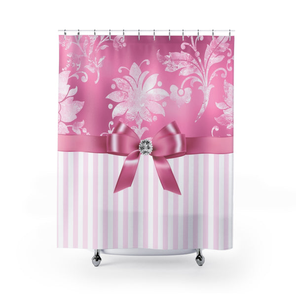 Shower Curtains-Glam Pink Bow- Pink White Stencil-Pink White Pinstripes