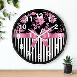 Wall clock-Glam Pink Bow-Pink Stencil-Black White Pinstripes