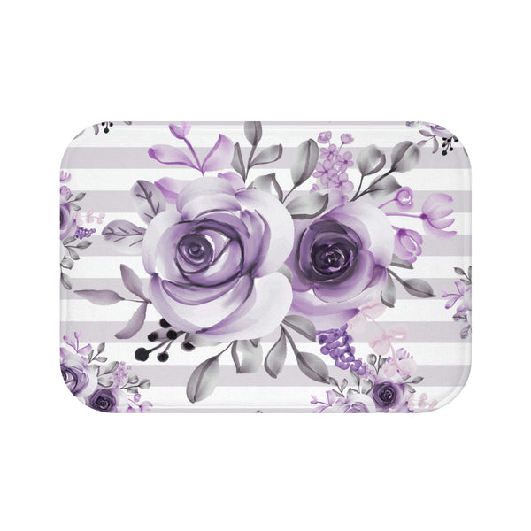 Bath Mat-Soft Purple Floral-Soft Purple Horizontal Stripes-White