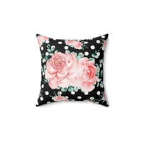 Square Pillow-Lush Pink Floral-White Polka Dots-Black