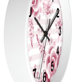 Wall Clock-Soft Pink Floral Mauve-Horizontal Stripes-White