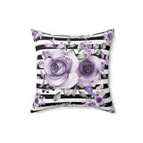 Square Pillow-Soft Purple Floral-Black Horizontal Stripes-White