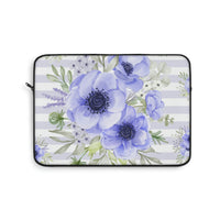 Laptop Sleeve-Soft Blue Floral-Soft Blue Horizontal Stripes-White