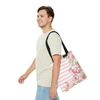 Tote Bag-Pink Floral Butterflies-Pink Horizontal Stripes