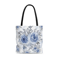 Tote Bag-Stormy Blue-Floral Stencil-White