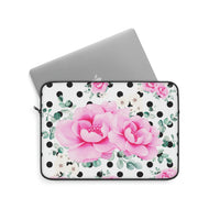 Laptop Sleeve-Magenta Pink Floral-Black Polka Dots-White