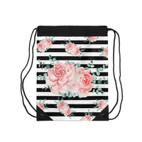 Drawstring Bag-Lush Pink Floral-Black Horizontal Stripes-White
