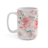 Coffee Mug 15oz-Lush Pink Floral-White Polka Dots-Pink