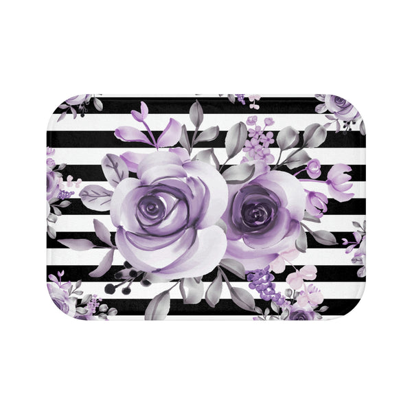 Bath Mat-Soft Purple Floral-Black Horizontal Stripes-White