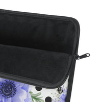 Laptop Sleeve-Soft Blue Floral-Black Polka Dots-White