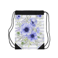 Drawstring Bag-Soft Blue Floral-Soft Blue Horizontal Stripes-White