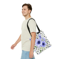 Tote Bag-Soft Blue Floral-Black Polka Dots-White