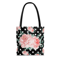 Tote Bag-Lush Pink Floral-White Polka Dots-Black