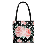 Tote Bag-Lush Pink Floral-White Polka Dots-Black