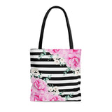 Tote Bag-Magenta Pink-Floral Bash-Black Horizontal Stripes-White