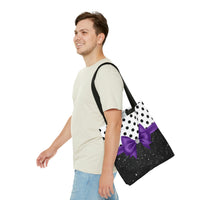 Tote Bag-Glam Purple Bow-Black Polka Dots-Black Glitter