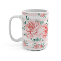 Coffee Mug 15oz-Lush Pink Floral-Pink Horizontal Stripes-White