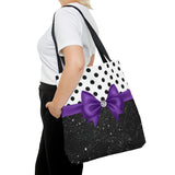 Tote Bag-Glam Purple Bow-Black Polka Dots-Black Glitter