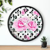 Wall Clock-Magenta Pink Floral-Black Polka Dots-White