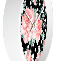 Wall Clock-Lush Pink Floral-White Polka Dots-Black