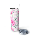 Skinny Tumbler, 20oz-Magenta Pink Floral-Pink Horizontal Stripes-White