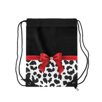 Drawstring Bag-Glam Red Bow-Snow Leopard-Black