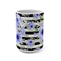 Coffee Mug 15oz-Soft Blue Floral-Black Horizontal Stripes-White