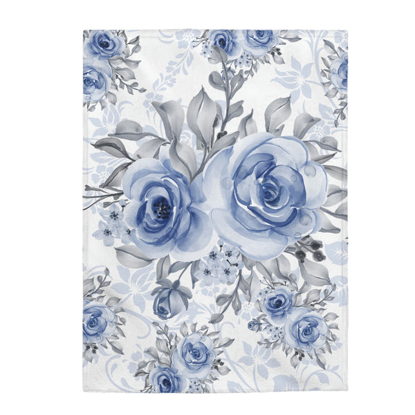 Velveteen Plush Blanket-Stormy Blue-Floral Stencil-White